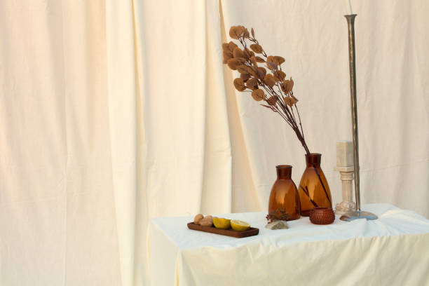 Still life artistic setting with glass bottles, plant and white background stock photo
