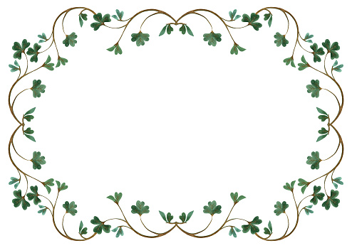 Frame of shamrock clover branches. Decoration for St. Patrick's Day. Isolated watercolor illustration on white background. Clipart