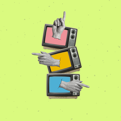 Contemporary art collage of retro TV sets and hands. Modern design. Copy space.