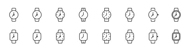 ilustraciones, imágenes clip art, dibujos animados e iconos de stock de conjunto de iconos de reloj de pulsera. icono de la línea de reloj de pulsera. juego de reloj de pulsera redondo y cuadrado. trazo editable. ilustración vectorial. - reloj de mano