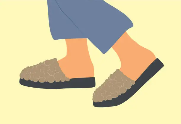 Vector illustration of Shoe pair, slippers, flip flops, footwear. Feet with pants walking in flip flops. Fashion home slippers, flip flops.