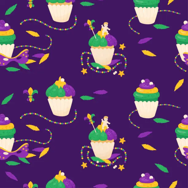Vector illustration of Mardi Gras carnival food seamless pattern. King Cake, cupcake with colorful icing and baby Jesus toy on purple background with beads, necklaces and feathers. Vector illustration in cartoon style.