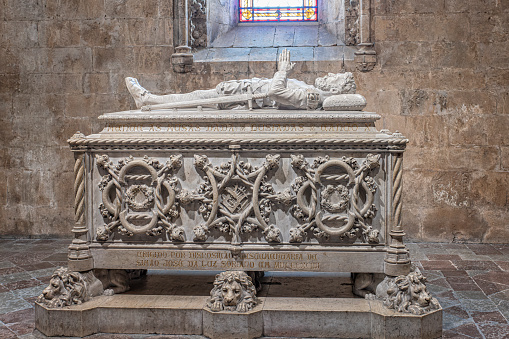 Tomb of the poet Luís de Camões inside Santa Maria Chruch in  Jerónimos Monastery in Lisbon, Portugal on 12 October 2023