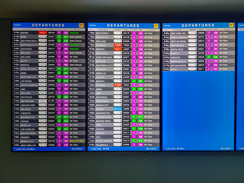 Panama, December 3, 2023, electronic departures board at Tokumen International Airport