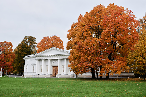 Wide angle view at white lords estate with palace house in autumn colored trees, copy space