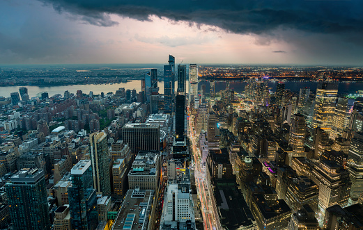 Manhattan day and night, panoramic aerial view of the Big Apple