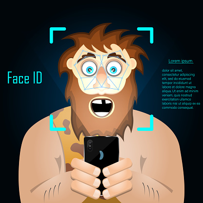 Funny caveman is checking the face identifier. Vector illustration.