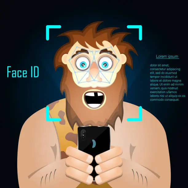 Vector illustration of Funny caveman is checking the face identifier.