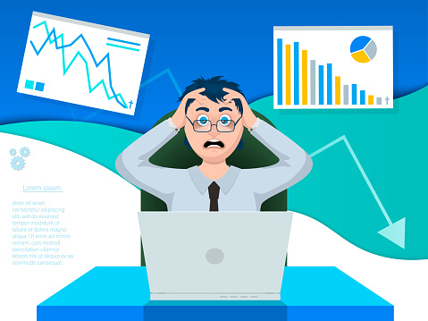 A frustrated man is sitting at the laptop. On the wall, graphics show that his business is failing, collapsing. Template for modern project management design. Vector illustration.
