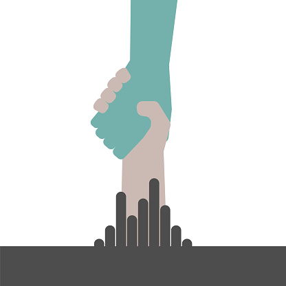 Hand holding the other hand. Help and hope to get out of the mud. Vector illustration.