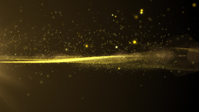Abstract golden horizontal wave flowing with bokeh for new year festival 4K motion loop. Glittering gold particle background greeting merry Christmas footage with lens flare shinning light.