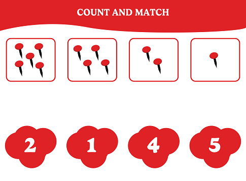 Count and match game with thumbtack. Educational worksheet design for preschool, kindergarten students. Learning mathematics. Brain teaser fun activity for kids.