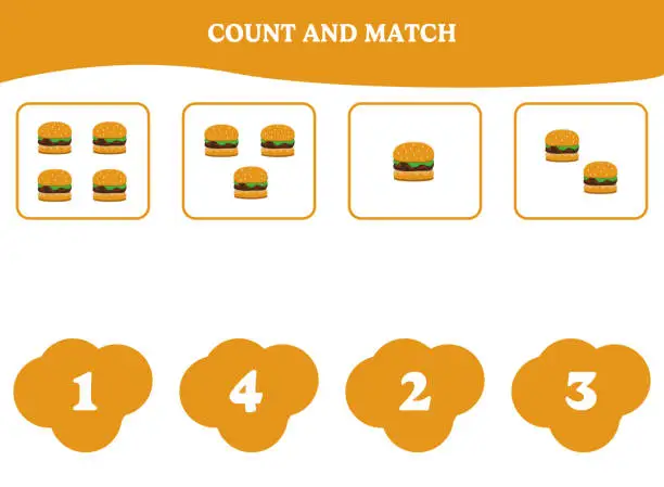 Vector illustration of Count and match game with hamburger. Educational worksheet design for preschool, kindergarten students.