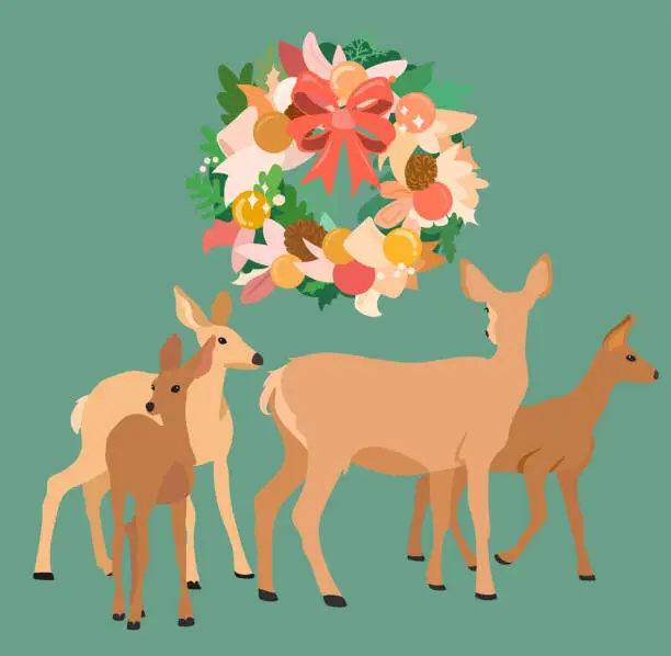 Vector illustration of Christmas Deer Family Green