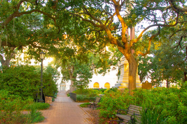 Brick Sidewalk-  A Peaceful Park in the Historic District- Savannah, Georgia