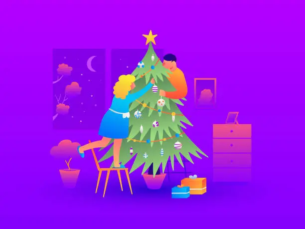Vector illustration of A married couple decorates a Christmas tree at home before Christmas