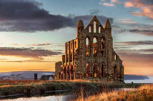 UNITED KINGDOM - May 10,2023 : Ruins of the abbey founded by St Hilda in 657, Whitby, North Yorkshire, United Kingdom.