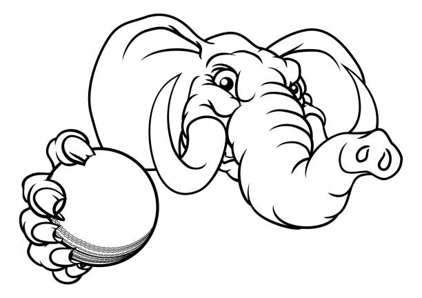 Elephant Cricket Ball Sports Animal Mascot An elephant Cricket sports animal mascot holding a ball republican elephant logo stock illustrations
