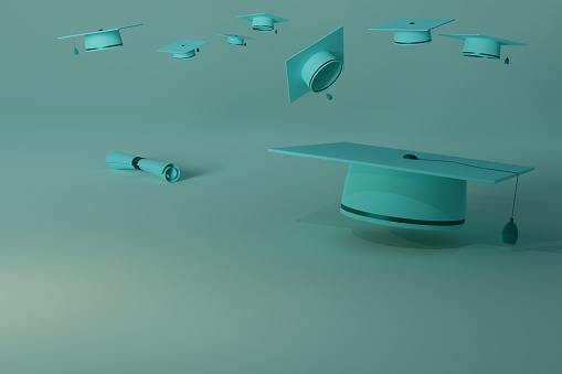 3d render of graduation caps and diploma on pastel blue background