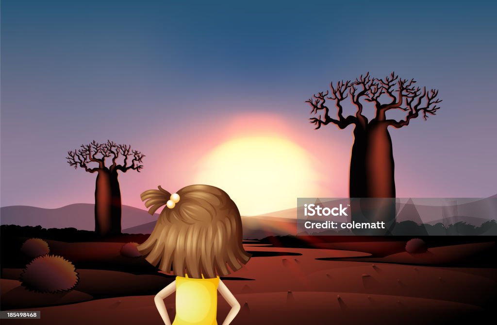 Dziewczyna w pustyni Oglądając wschód słońca - Grafika wektorowa royalty-free (Cząstka)
