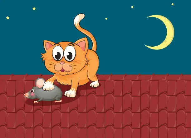 Vector illustration of cat and a rat at the rooftop