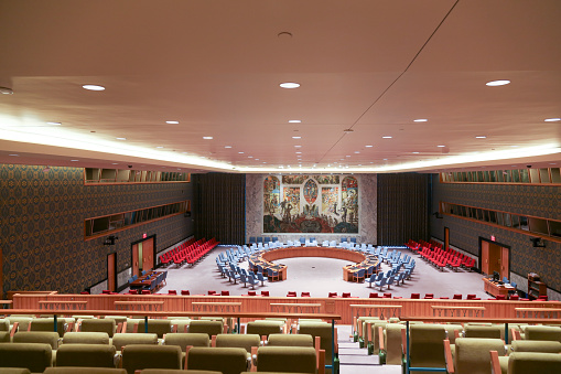 NEW YORK, USA - JUNE 21 2013: View of empty Security Council chamber before the meeting on cooperation international crisis at UN Headquarters