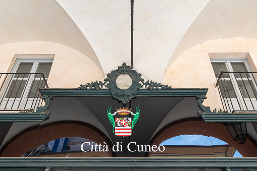 Cuneo, Piedmont, Italy - 08 20 2023: Cuneo was founded in 1198 by the local population, who declared it an independent commune. Therefore, it is one of the few capitals of northern Italy to have modern origins and not Roman.