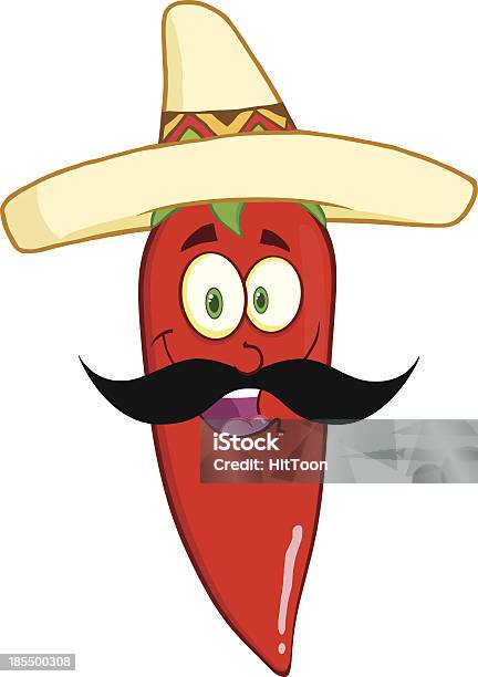 Улыбающегося Красный Перец Чили И Мексиканская Шляпа И Усы Человека — стоковая векторная графика и другие изображения на тему Белый фон