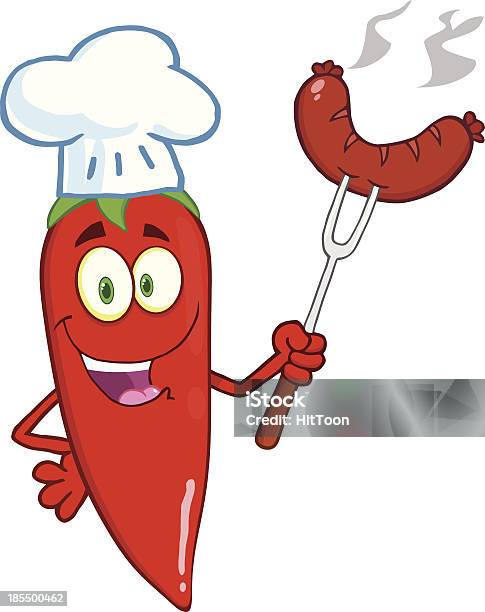 Engraçado Chef Com Pimenta Vermelha Salsicha Em Garfo - Arte vetorial de stock e mais imagens de Alegria