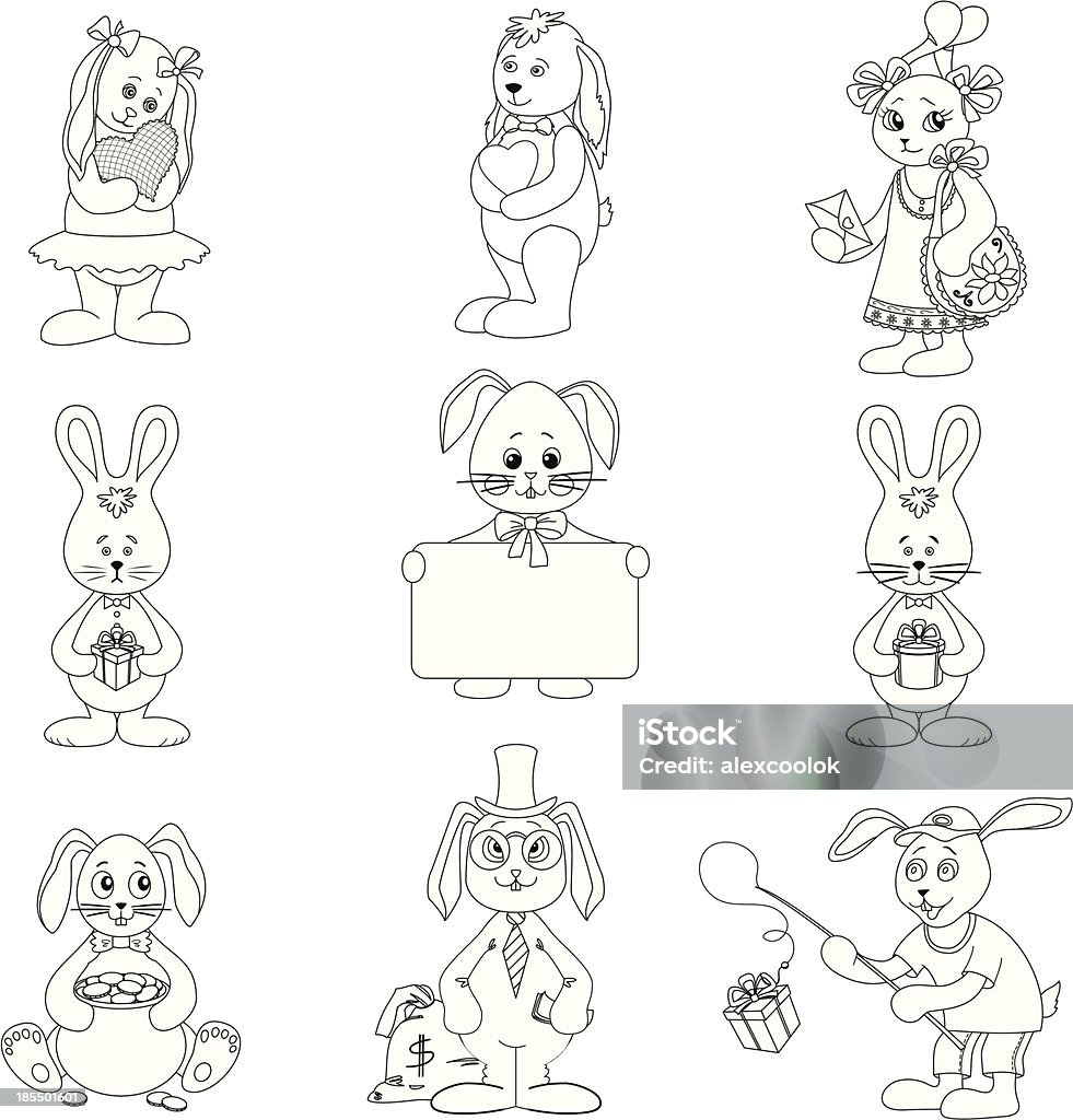 Set toy rabbits, outline Set toy rabbits with holiday greeting objects, black contour on white background. Vector illustration Animal stock vector