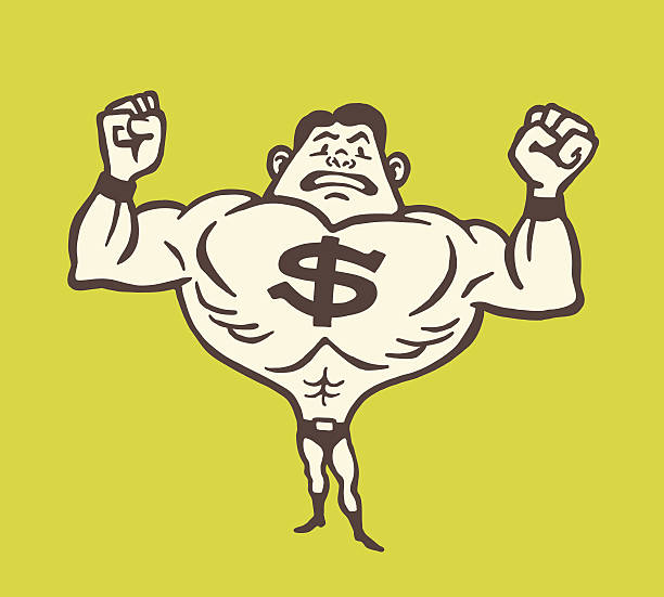 a man with large arm muscles and a dollar sign on his chest - strongman weightlifting human muscle men stock illustrations