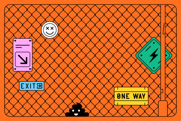 ilustrações de stock, clip art, desenhos animados e ícones de fun street concept colorful vector illustration. one way, exit, electricity, emoji, direction sign on metal fence. - arrow sign road sign fence