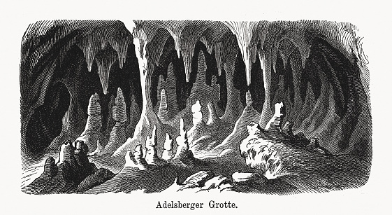 The Postojna Cave (German: Adelsberger Grotte) - karst cave system near Postojna, southwestern Slovenia. Wood engraving, published in 1894.