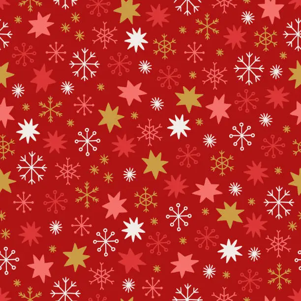Vector illustration of Christmas seamless pattern with stars and snowflakes on red background