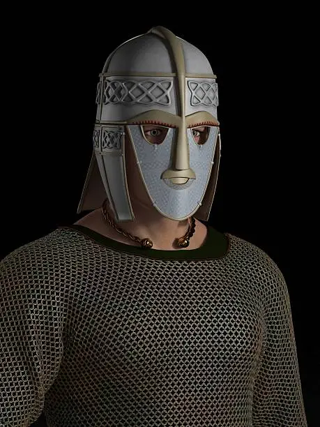 Portrait of a Saxon warrior chieftain with decorated helmet, 3d digitally rendered illustration on black background.