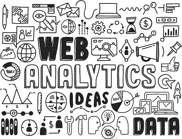 Web analytics doodle elements Hand drawn vector illustration icons set of web analytics and ideas in optimization of website search information doodles elements. Isolated on white background service drawings stock illustrations
