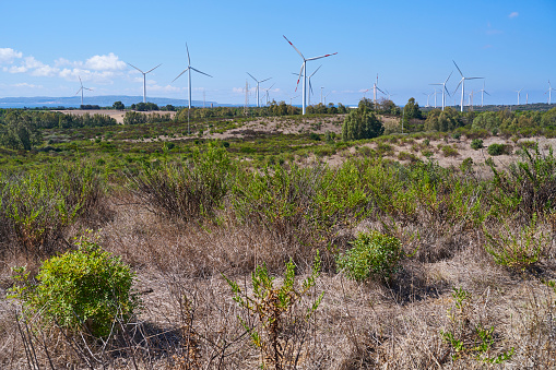 Wind turbines at the Portoscuso Wind Farm. South Sardinia. Sardinia. Italy.