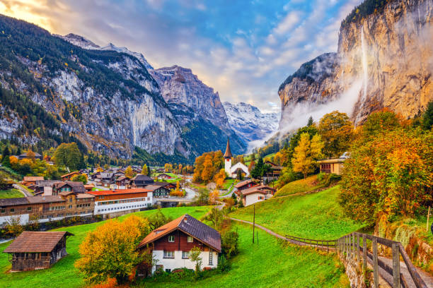 Lauterbrunnen, Switzerland During Autumn Lauterbrunnen, Switzerland beautiful morning during autumn season. alpine climate stock pictures, royalty-free photos & images