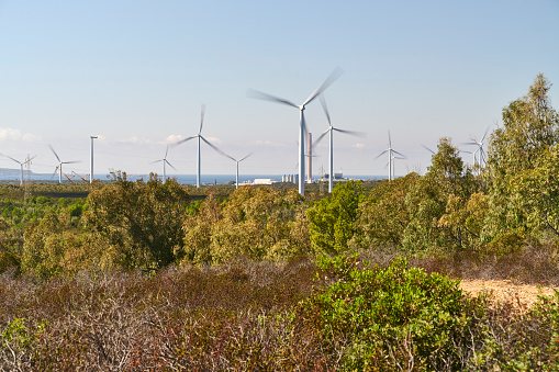 Wind turbines at the Portoscuso Wind Farm. South Sardinia. Sardinia. Italy.