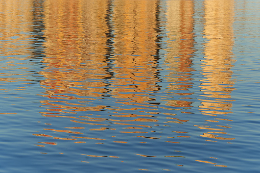 Abstract water reflection with golden hues and ripples, suitable for backgrounds or textures.