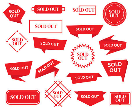 Sold out badges set. Sale stickers set. Sold out banners, labels, stamps, and signs isolated on white background