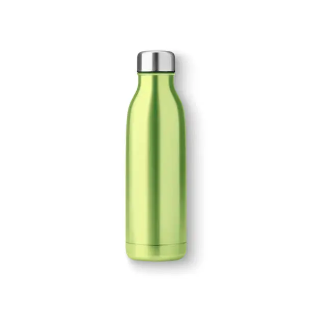 Vector illustration of Vector Realistic 3d Green Blank Glossy Metal Reusable Water Bottle with Silver Bung Closeup Isolated on White Background. Design template of Packaging Mockup. Front View