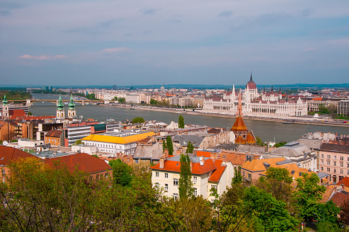 Panoramic view of Budapest city from Fisherman's Bastion over Pest, Danube river and Parliament Building at daylight, Budapest, Hungary