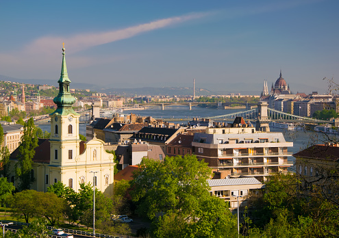 View of Saint Catherine church and Danube river from Gellert hill in Budapest, Hungary