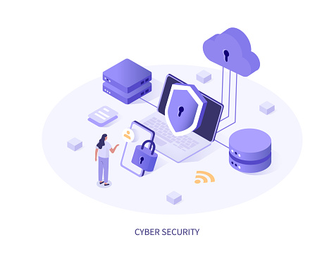 Cyber security concept. Character protect data with zero trust technology. User granting access with identity verification, mutual authentication and device validation. Isometric vector illustration.