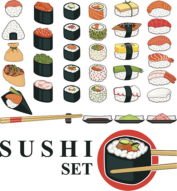 ilustrações de stock, clip art, desenhos animados e ícones de grande conjunto de sushi - japanese cuisine temaki sashimi sushi