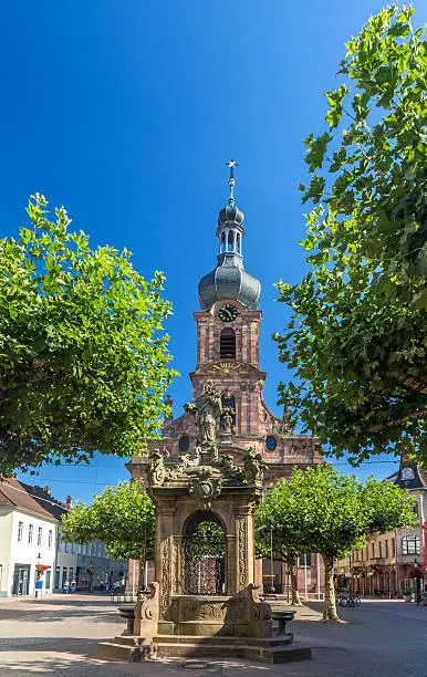 Fountain and Church of St. Alexander in Rastatt - Baden-Wurttemberg, Germany