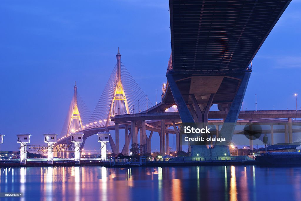 Bhumibol Bridge at dusk inThailand Bhumibol Bridge,the Industrial Ring Bridge or Mega Bridge,at dusk in Thailand.The bridge located at Bangkok harbor. Bhumibol Bridge Stock Photo