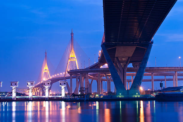 bhumibol inthailand ponte ao anoitecer - city mega night built structure - fotografias e filmes do acervo