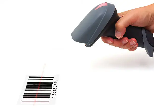 woman hold scanner and scan barcode with laser